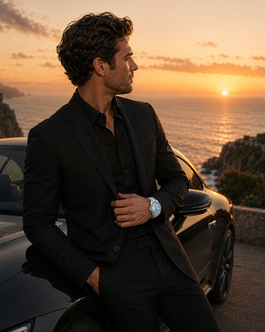 A man in a black suit beside a luxury car at golden hour by the sea, wearing a Maison Marjo ice-blue dial timepiece.